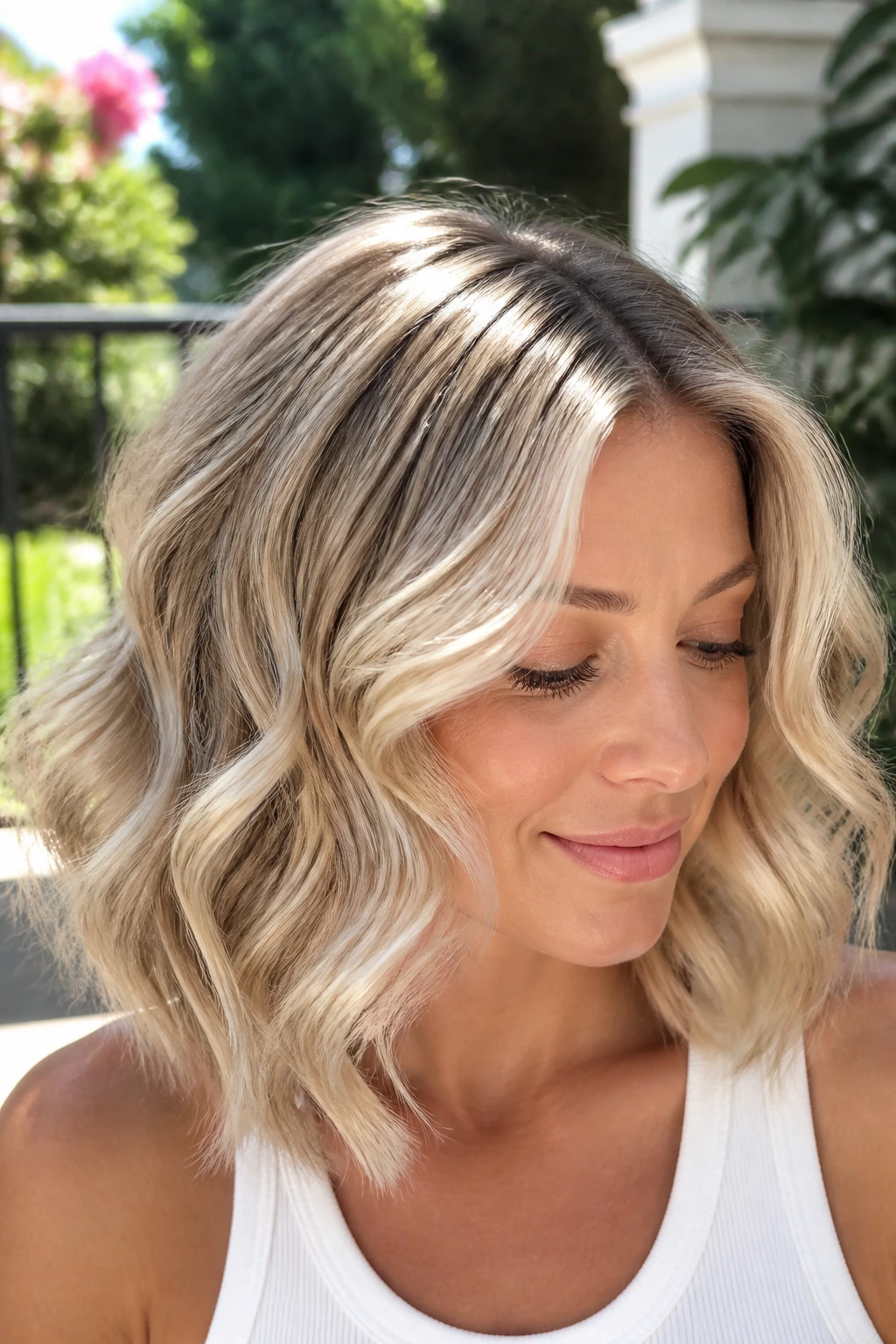 Close-up of real woman's hair in pearl blonde with glossy waves catching light