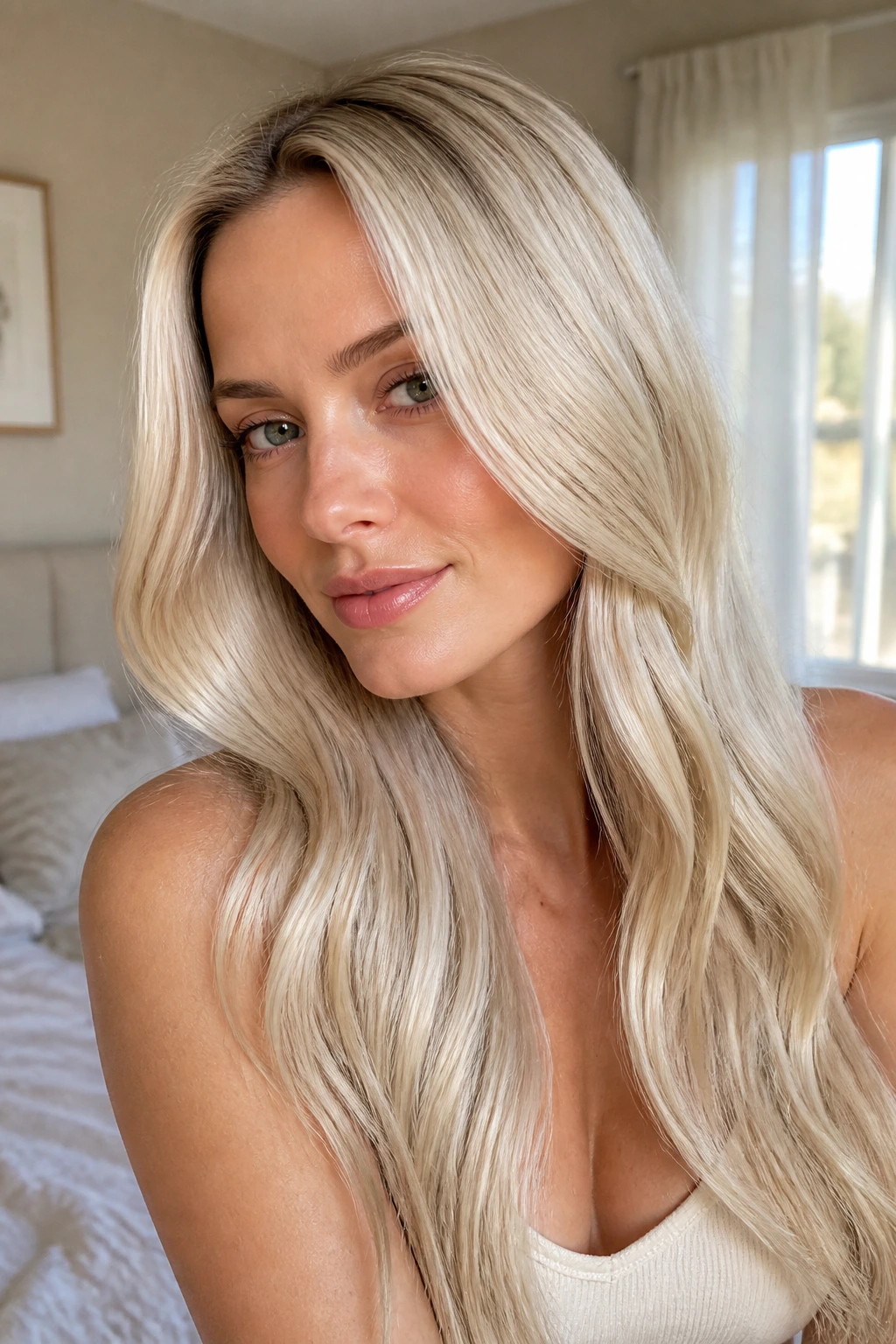 Close-up of a real woman with pearl blonde hair and glossy shell-like shine