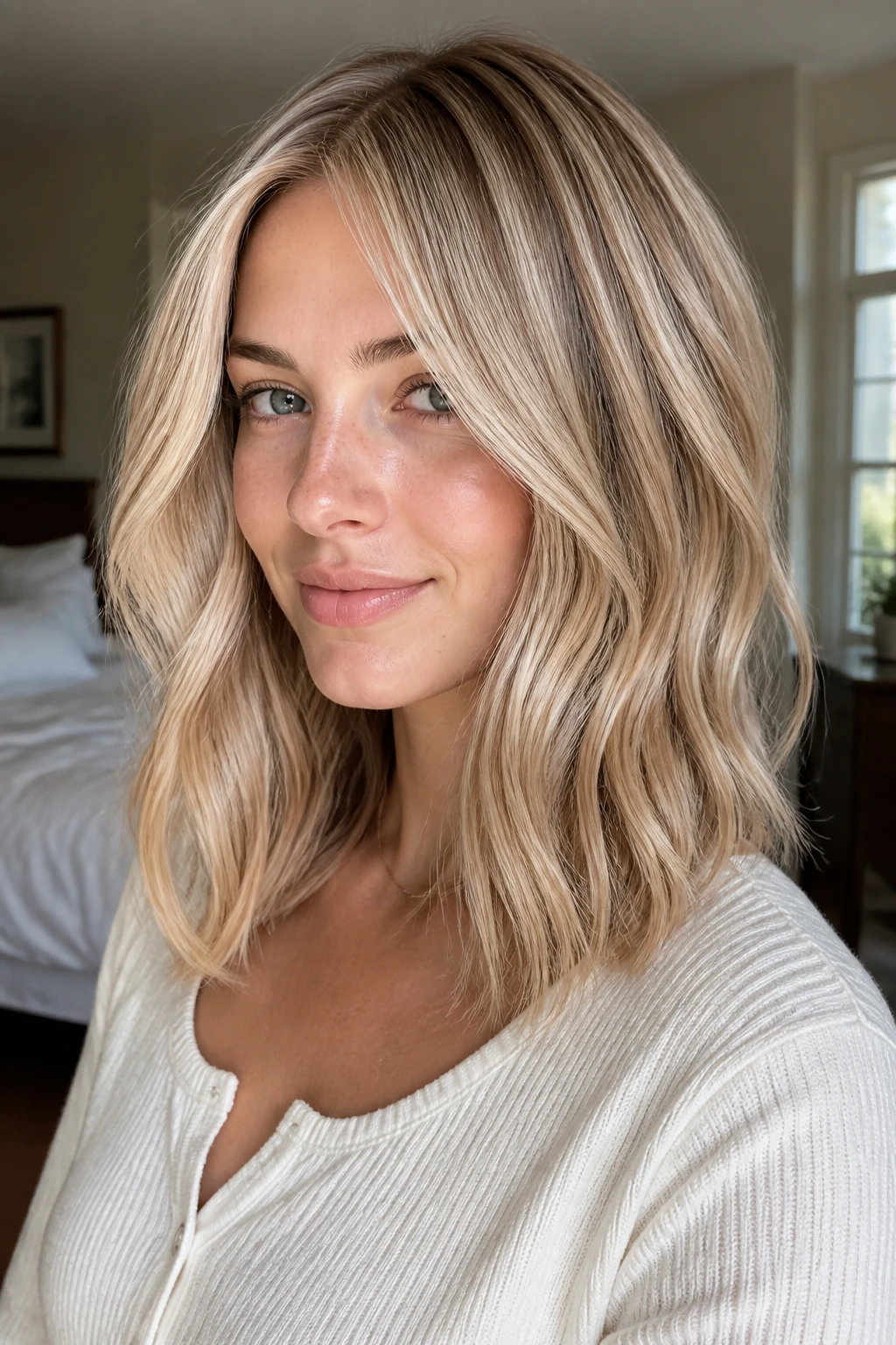 Portrait of a real person with pearl blonde hair and soft dimensional lowlights in natural light.
