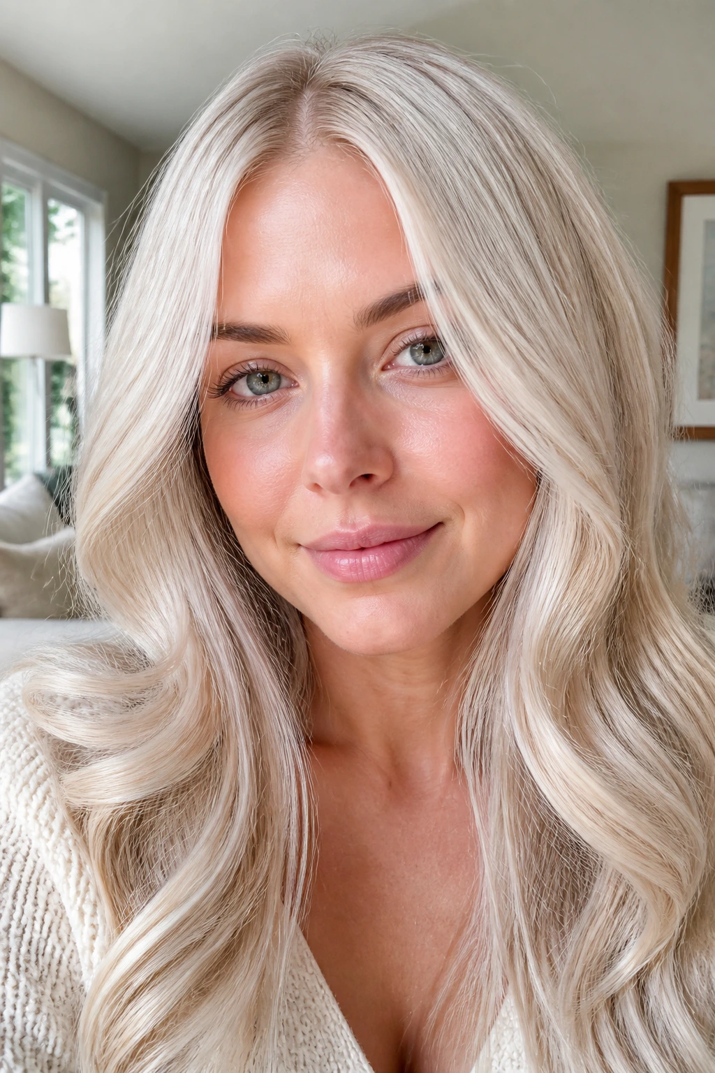 Close-up of a real woman with Pearl Blonde hair