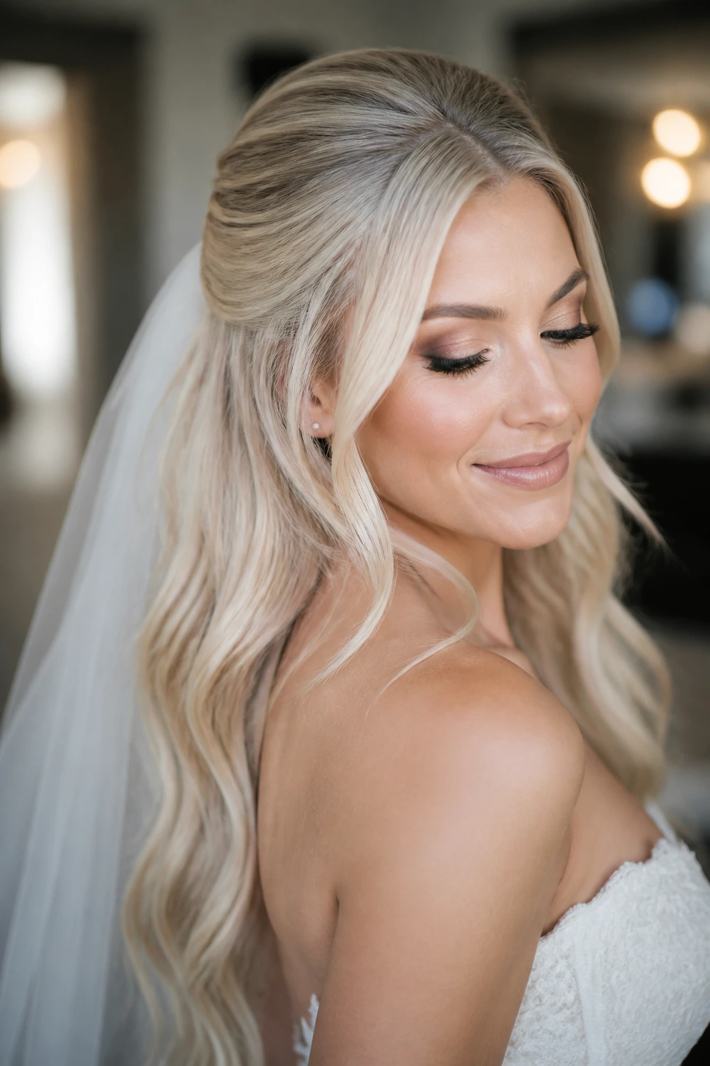 Bride with Pearl Blonde hair in cool, glossy finish