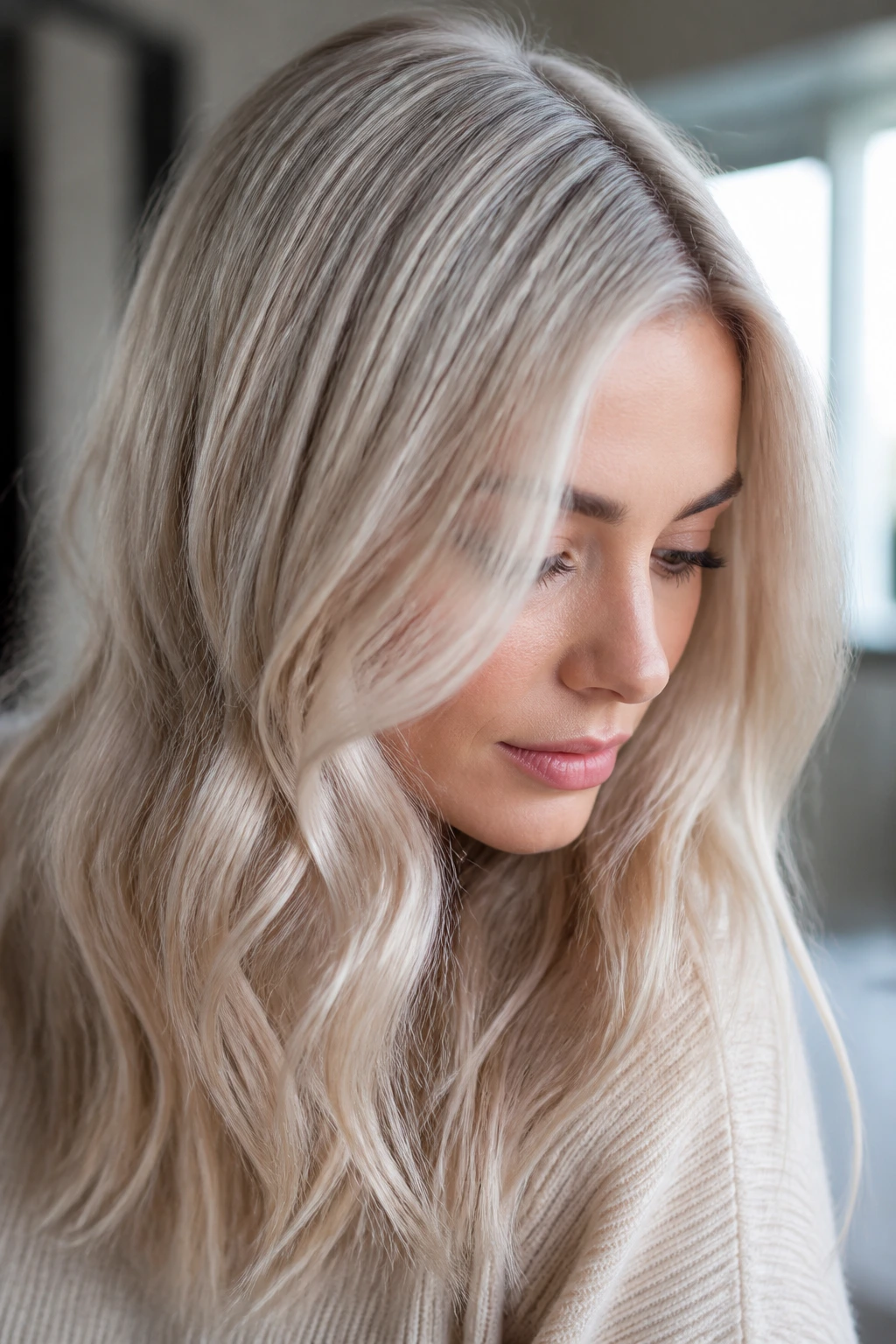 Close-up portrait of a real woman with Pearl Blonde hair in soft indoor light.