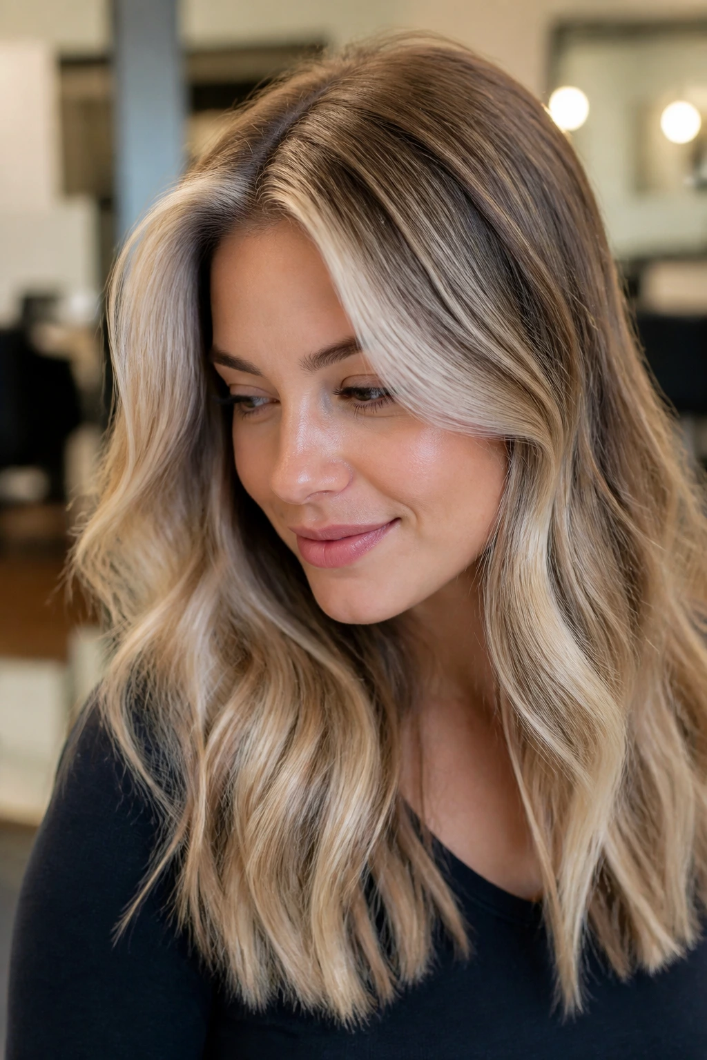 Pearl blonde halo around crown and face on thick hair in a salon setting