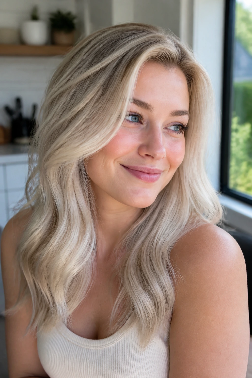 Close-up portrait of a real woman with pearl blonde hair and soft waves under natural window light.