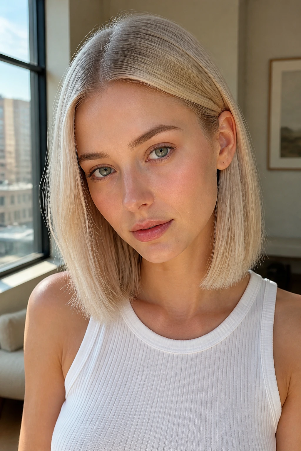 Pearl blonde with midi cut on a real person showing iridescent sheen