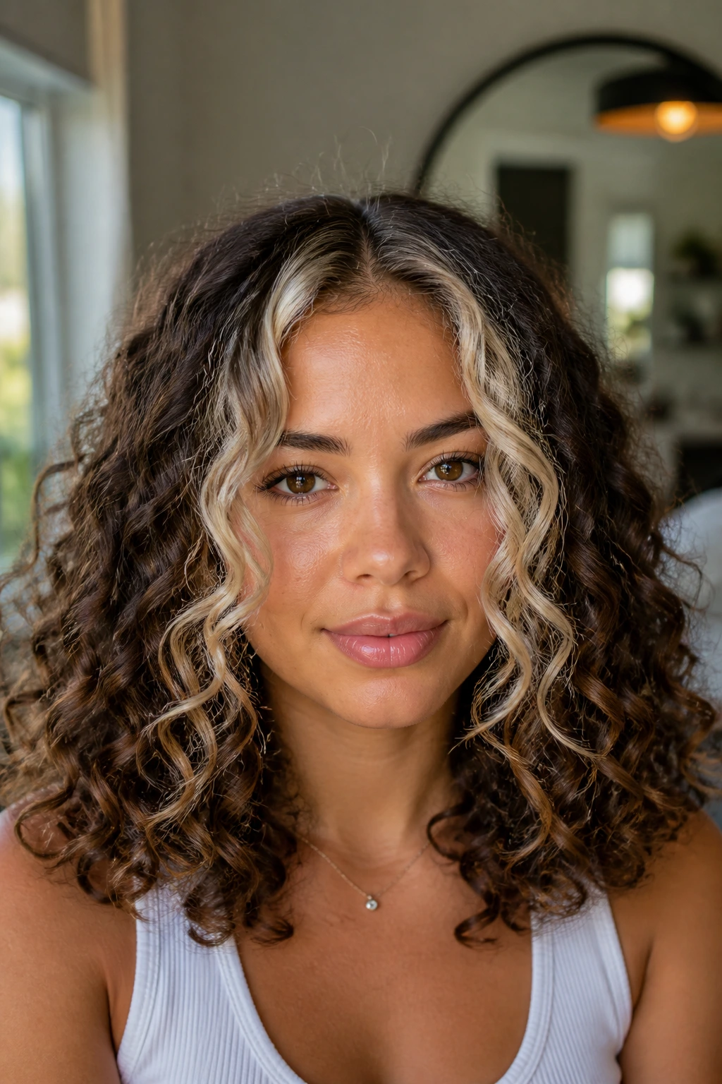 Close-up of a face-framing pearl blonde money piece on curly hair