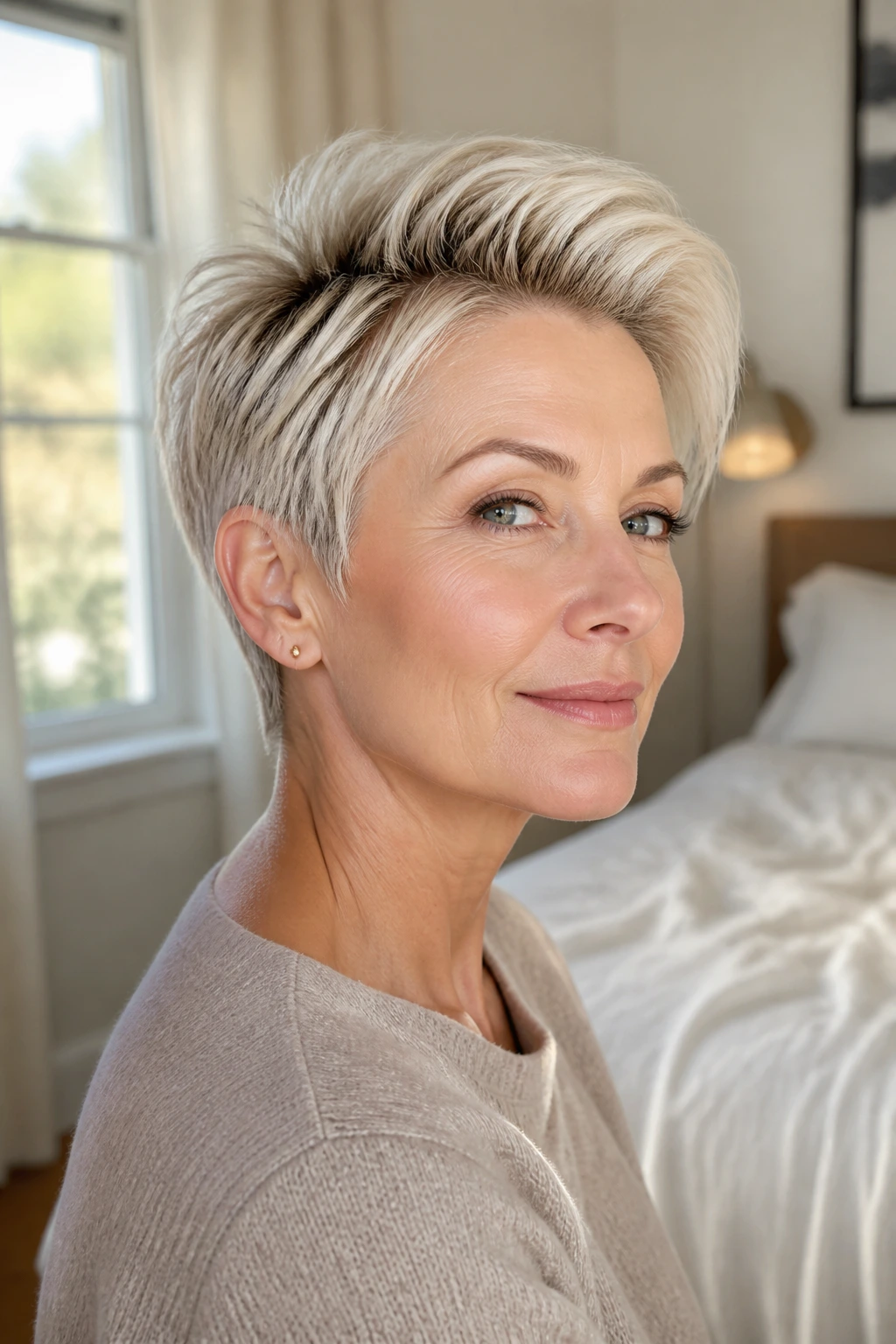 Close-up portrait of pearl blonde pixie with lifted crown on a real person, natural window light