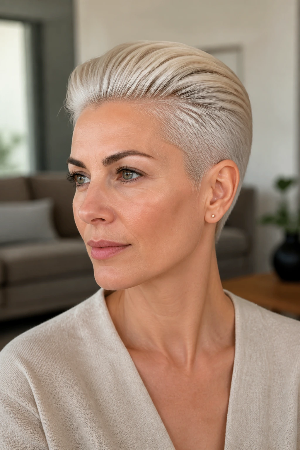 Close-up of a real person with pearl blonde slicked-back pixie.