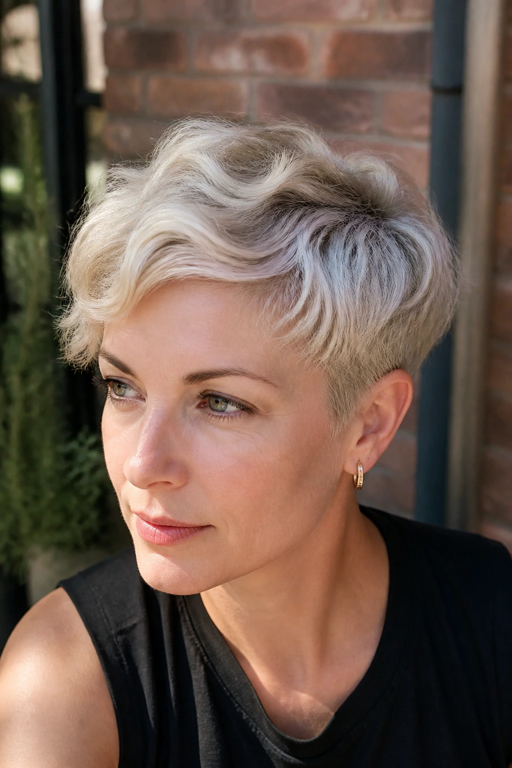 Close-up portrait of a real woman with pearl blonde pixie wave hairstyle