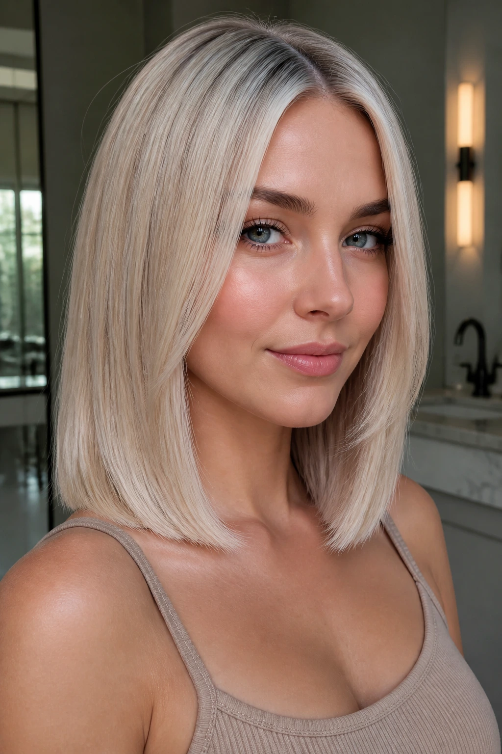 Real woman with pearl blonde hair and polished ends in soft, flattering light.