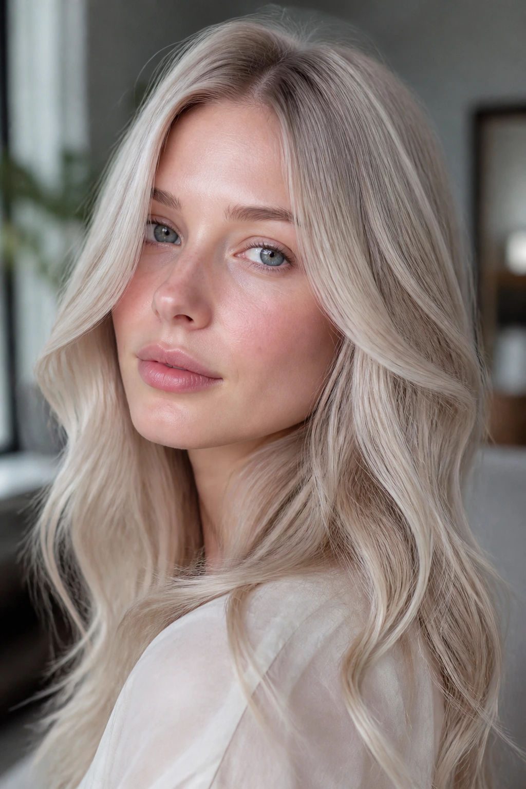 Portrait of a woman with pearl blonde hair and soft smoky glow in diffused light