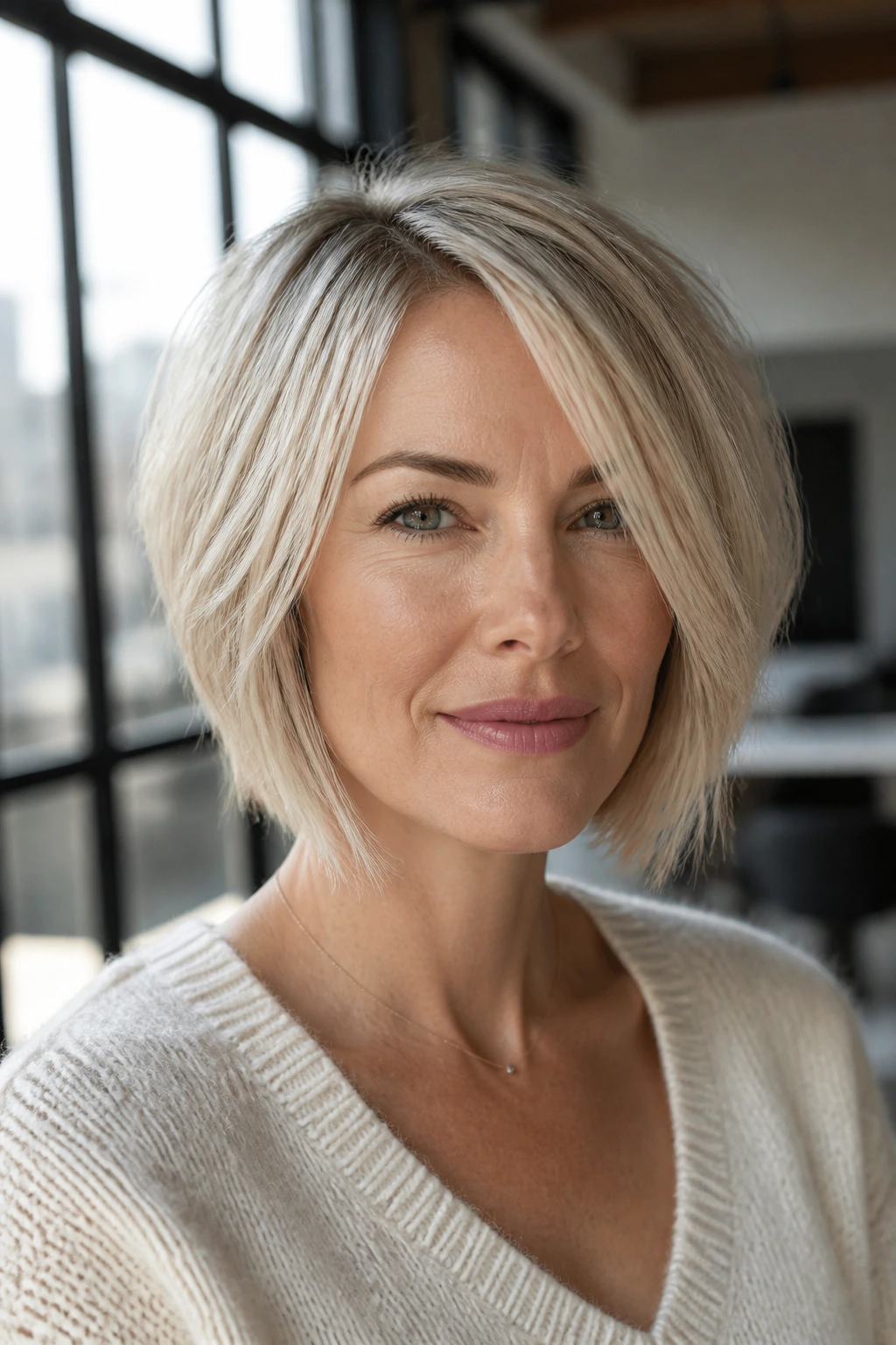 Close-up portrait of a real woman with pearl blonde razor-cut bob and tapered ends