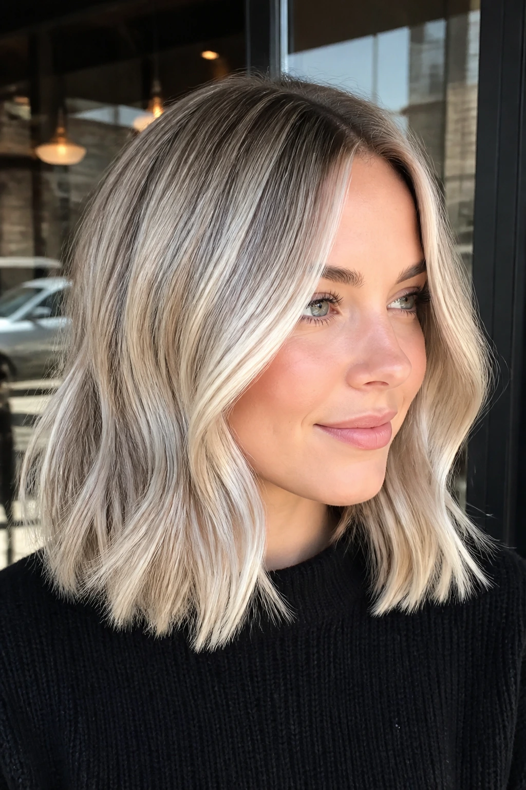 Close-up of real woman with pearl blonde and cool ribbon highlights on shoulder-length hair.
