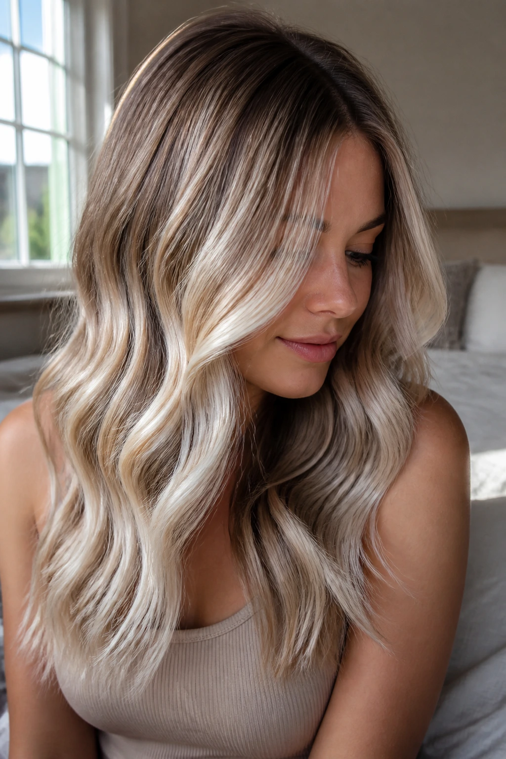 Close-up portrait of a real woman with pearl blonde ribbons in soft waves