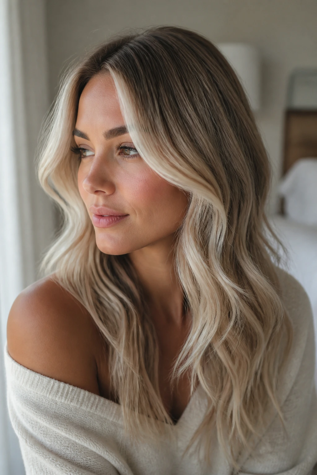 Real woman with Pearl Blonde Ribbons showing delicate creamy blonde ribbons
