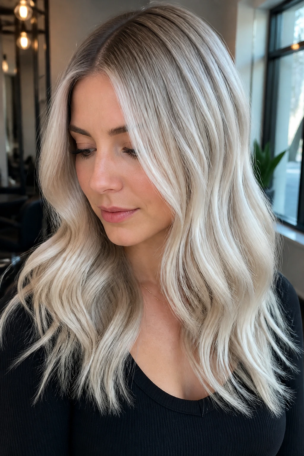 Close-up of pearl blonde with root melt on a real person