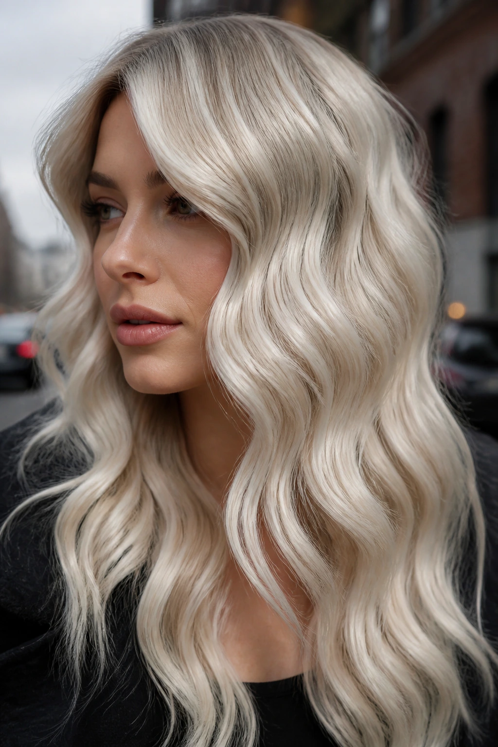 Portrait of a woman with icy pearl blonde hair in S-bends