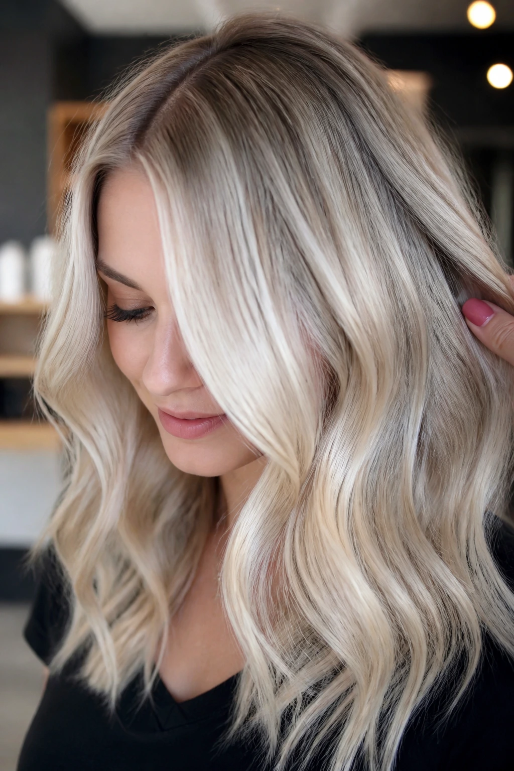 Pearl blonde hair with a shadow root in bright salon light