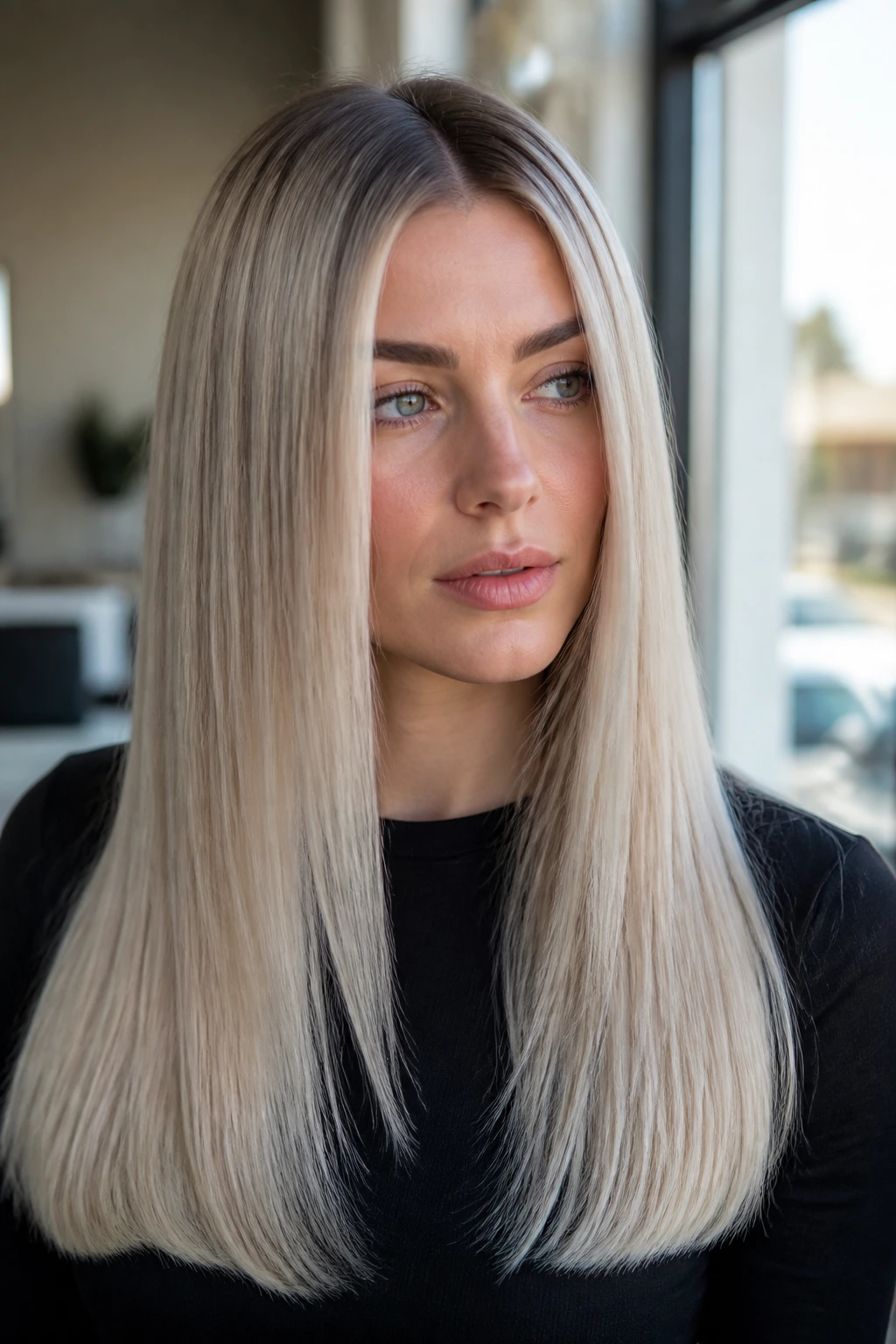 Pearl blonde with cool shadow root on long straight hair
