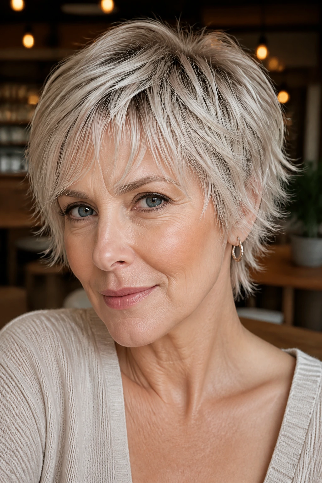 Close-up real woman with pearl blonde shaggy crop and soft waves