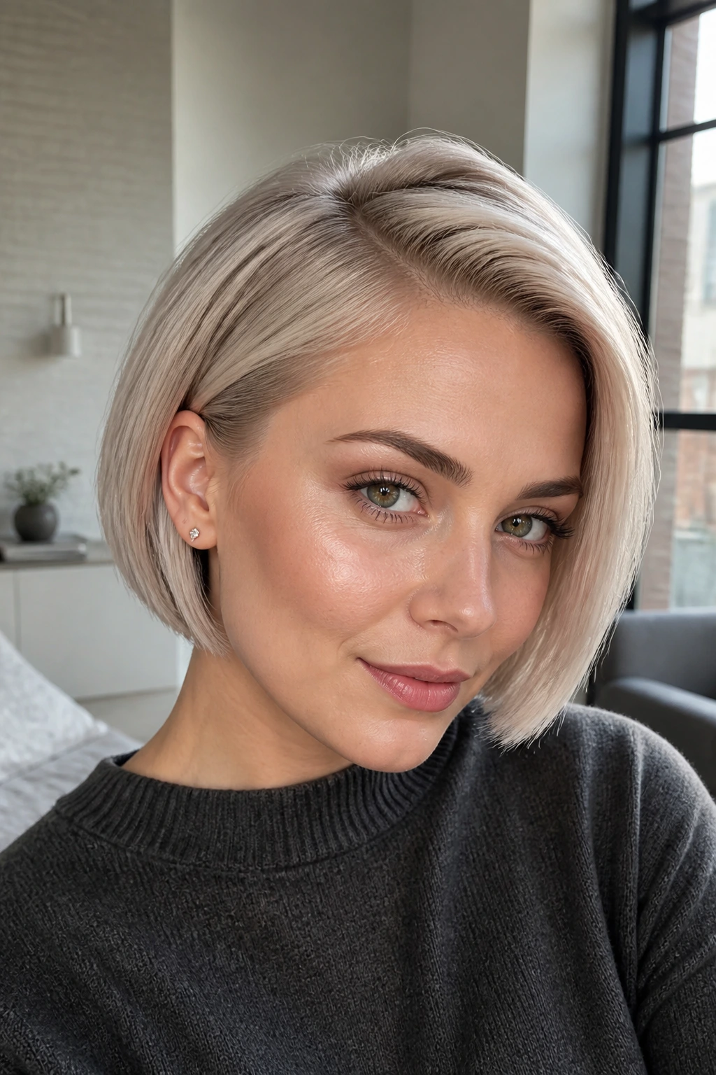 Real person with pearl blonde side-part bob in natural window light