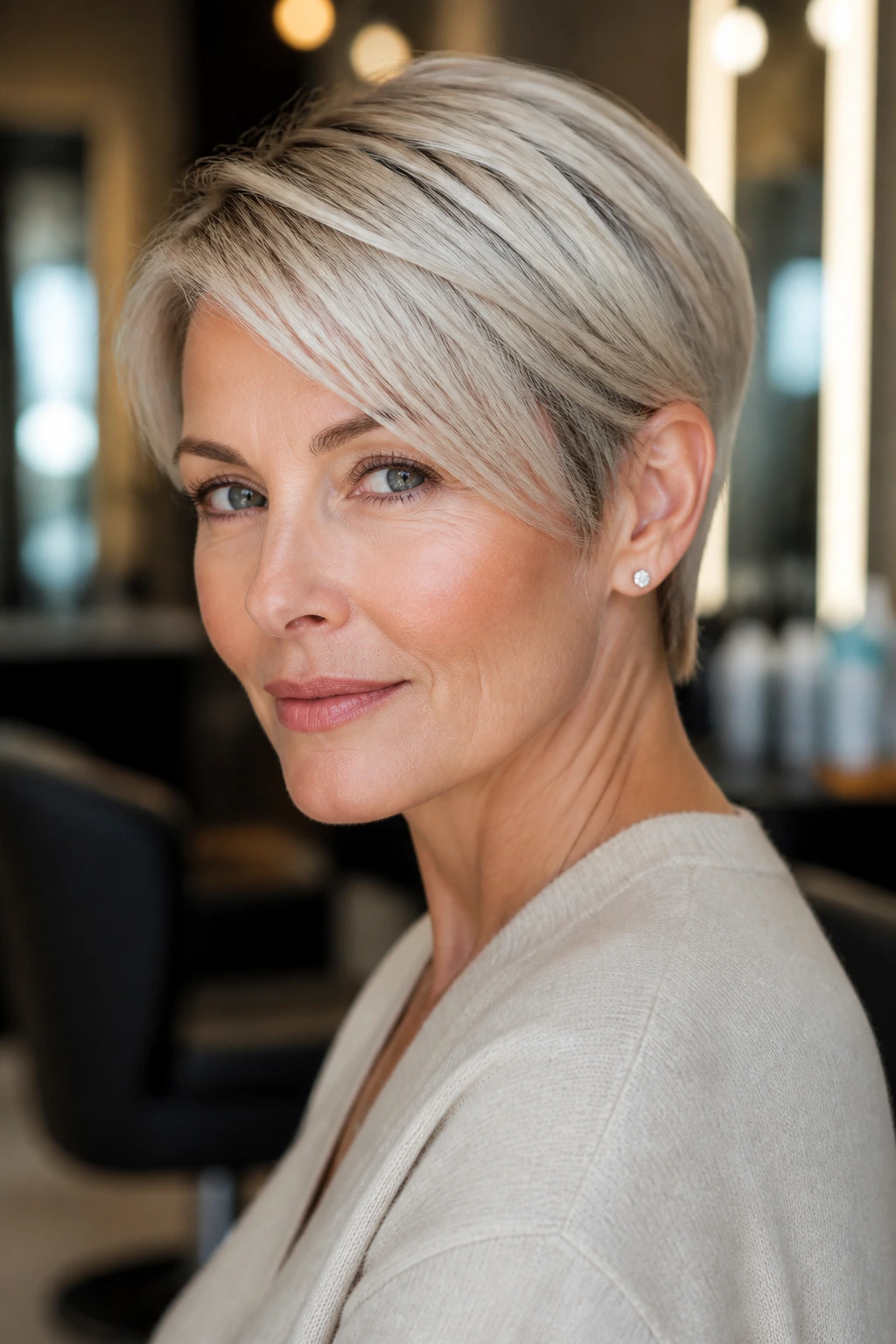 Portrait of a real woman with pearl blonde sleek crop in a modern salon