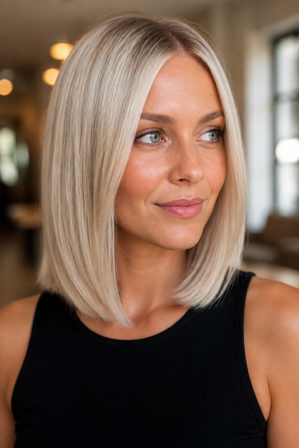 Close-up of a real woman with pearl blonde sleek lob