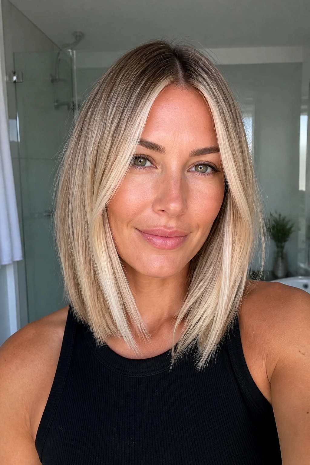 Polished lob with pearl blonde slices for a crisp luminous blonde