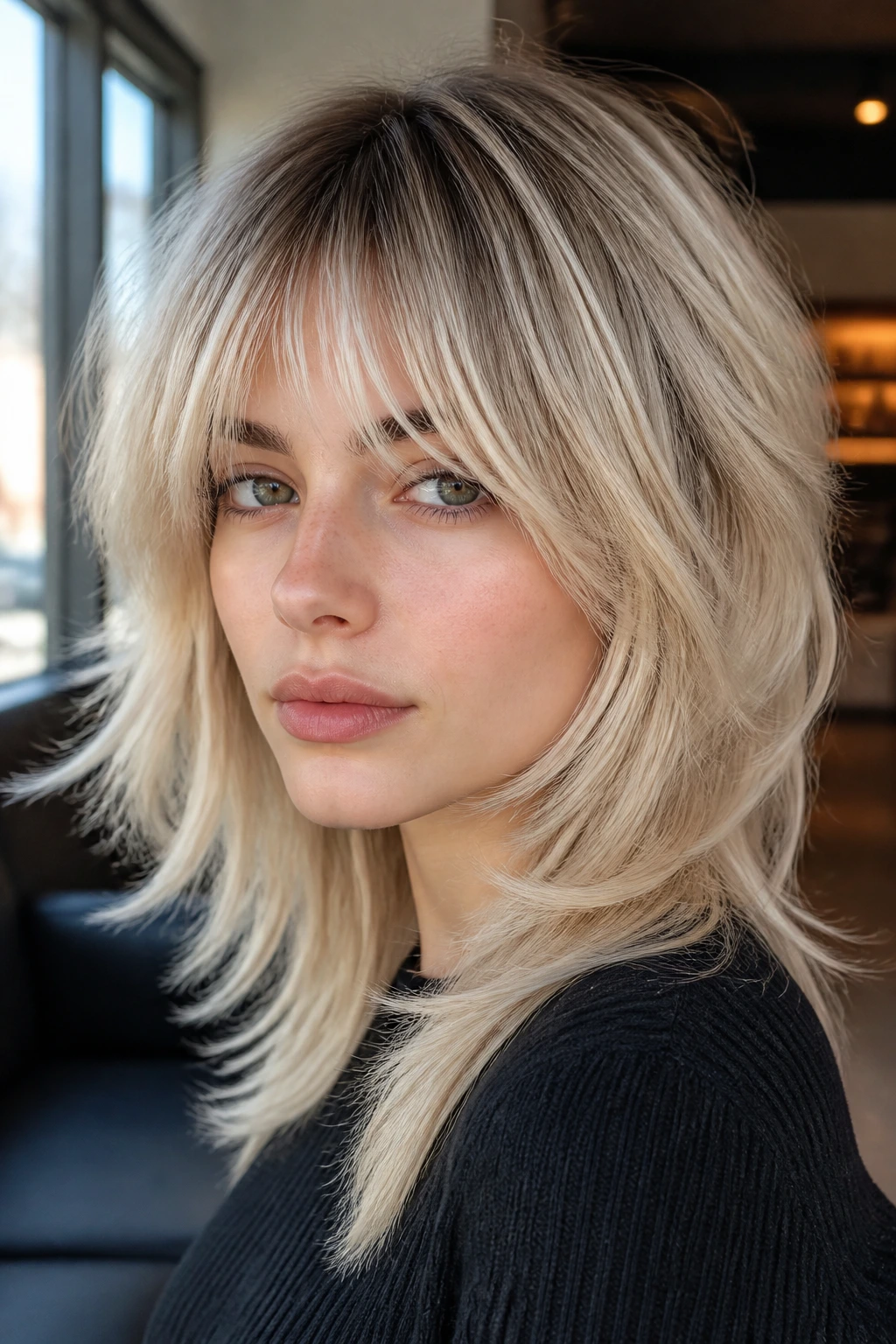Close-up portrait of a real person with pearl blonde wolf cut and smoky roots