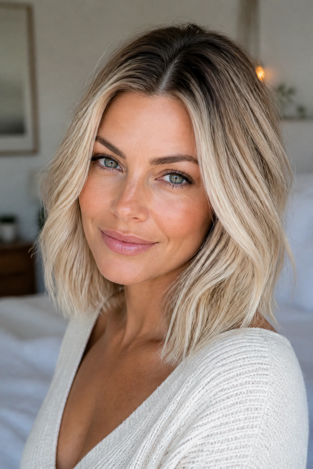 Close-up portrait of a real woman with pearl blonde and soft lived-in roots