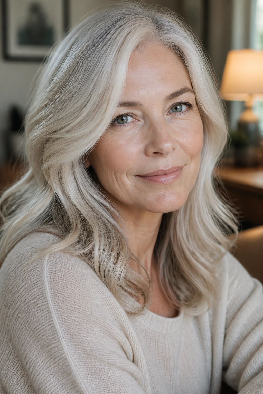 Close-up of a real woman with pearl blonde hair and silver undertones framing her face