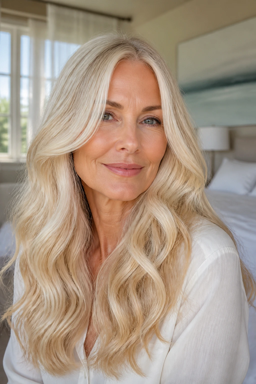 Close-up of a real woman with Pearl Blonde Waves hair in pearl-toned waves.