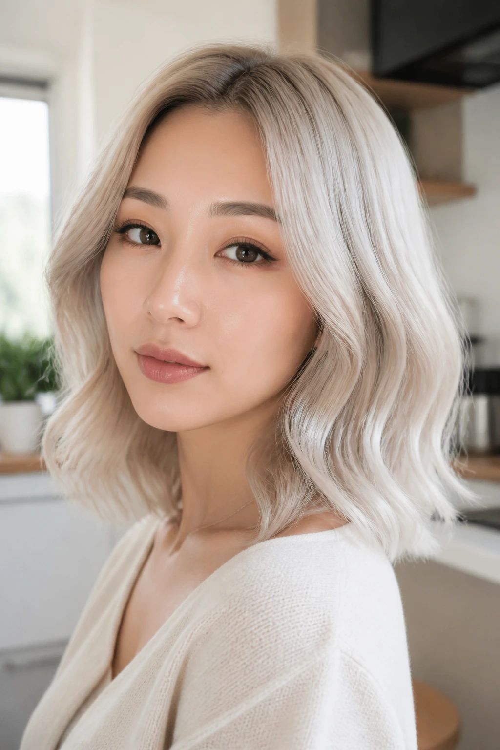 Close-up of a real woman with pearl blonde wavy lob in bright light