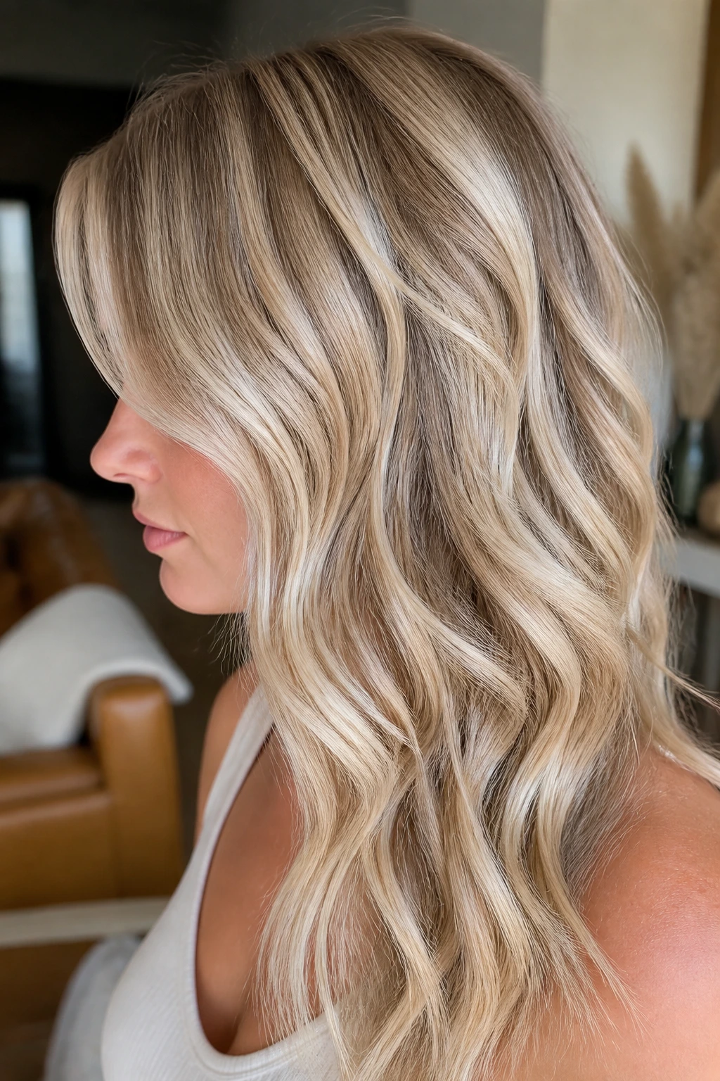 Close-up of wavy hair with stitched pearl blonde highlights across the weave