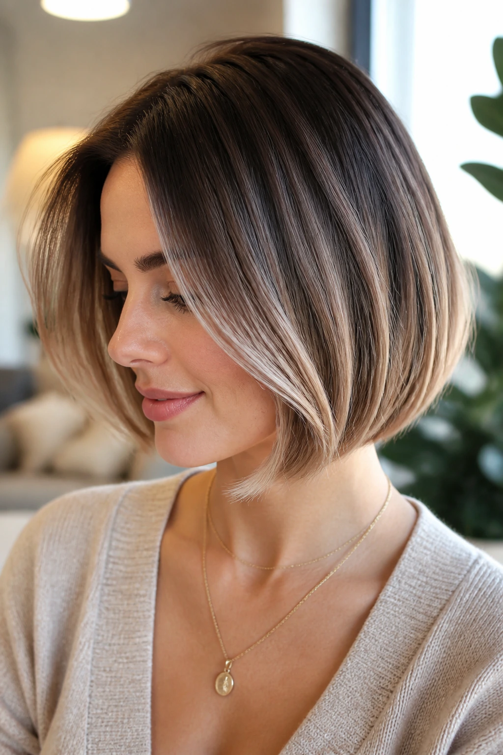 Close-up of a real woman with a rounded bob and pearl-brunette balayage along mid-lengths.