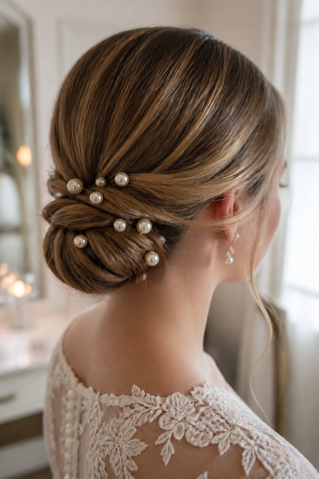 Close-up of a real bride with a pearl-sheathed low bun bridal hairstyle