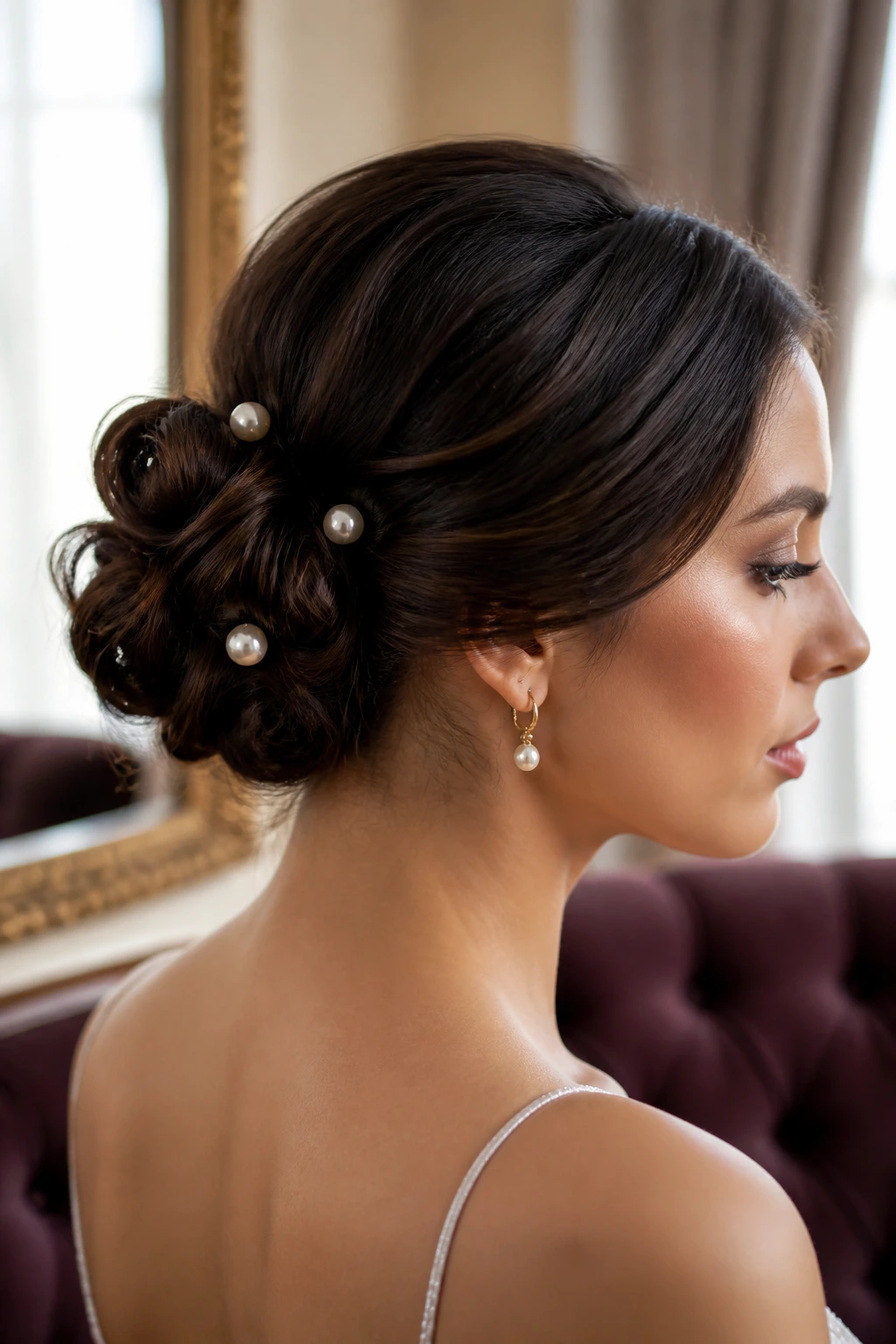 Real woman with cluster of small buns near the nape accented with pearls