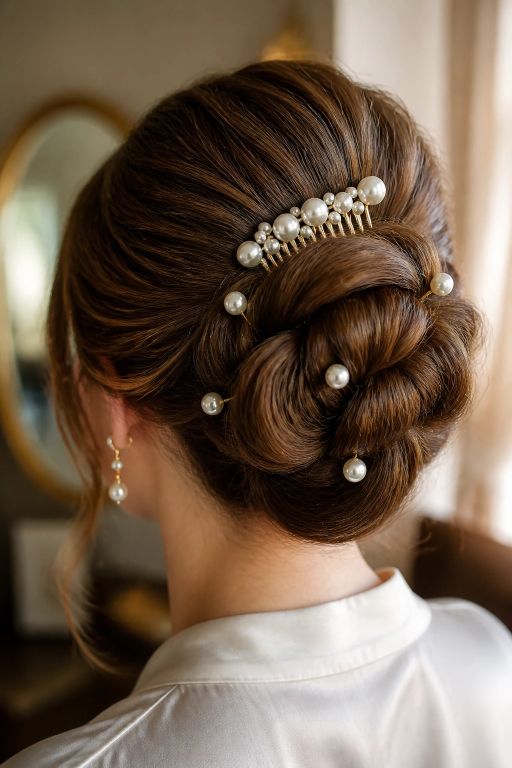 Close-up of a bun decorated with pearls on a real person