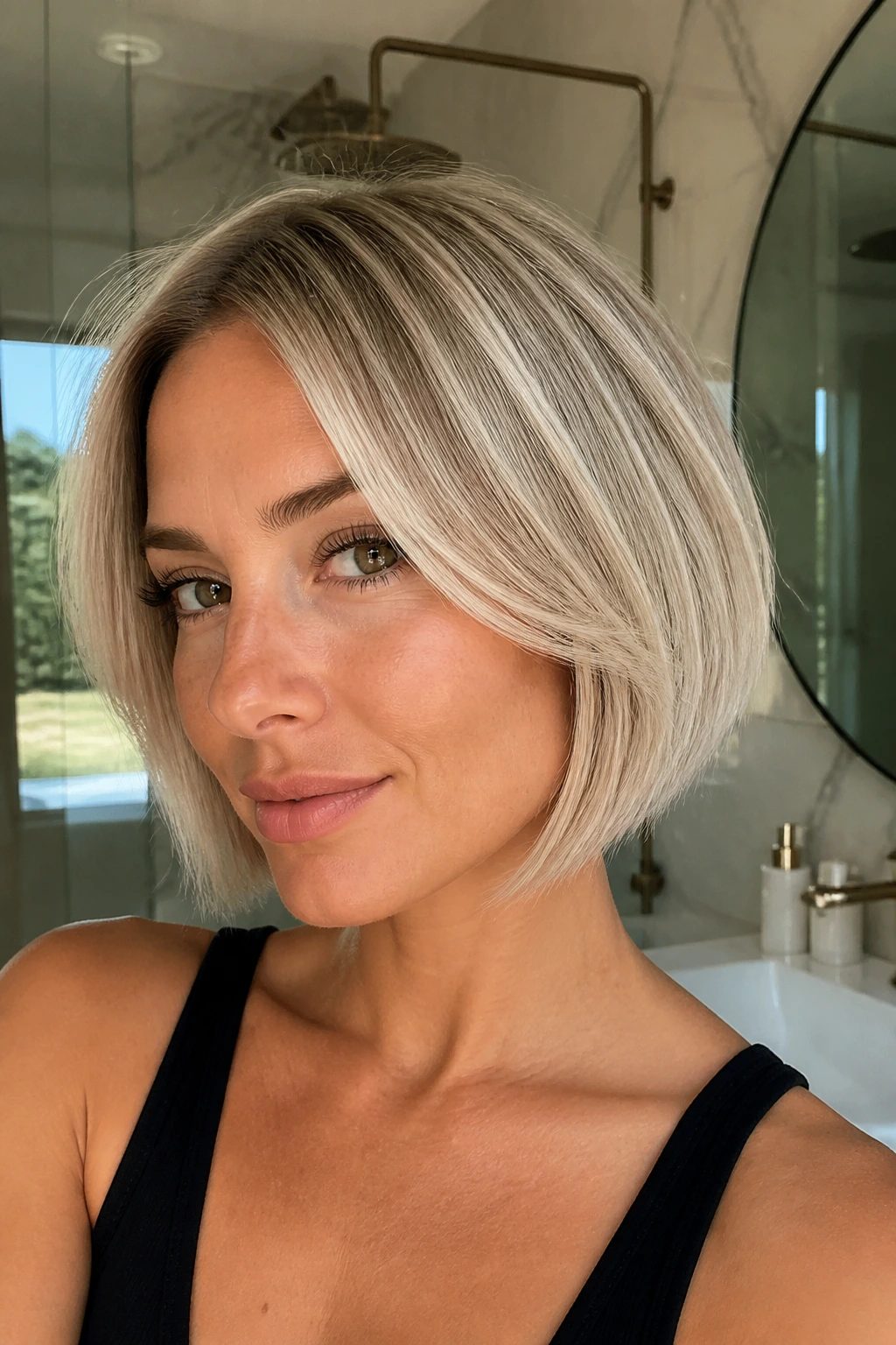 Close-up of a woman with a pearl champagne bob in bright daylight