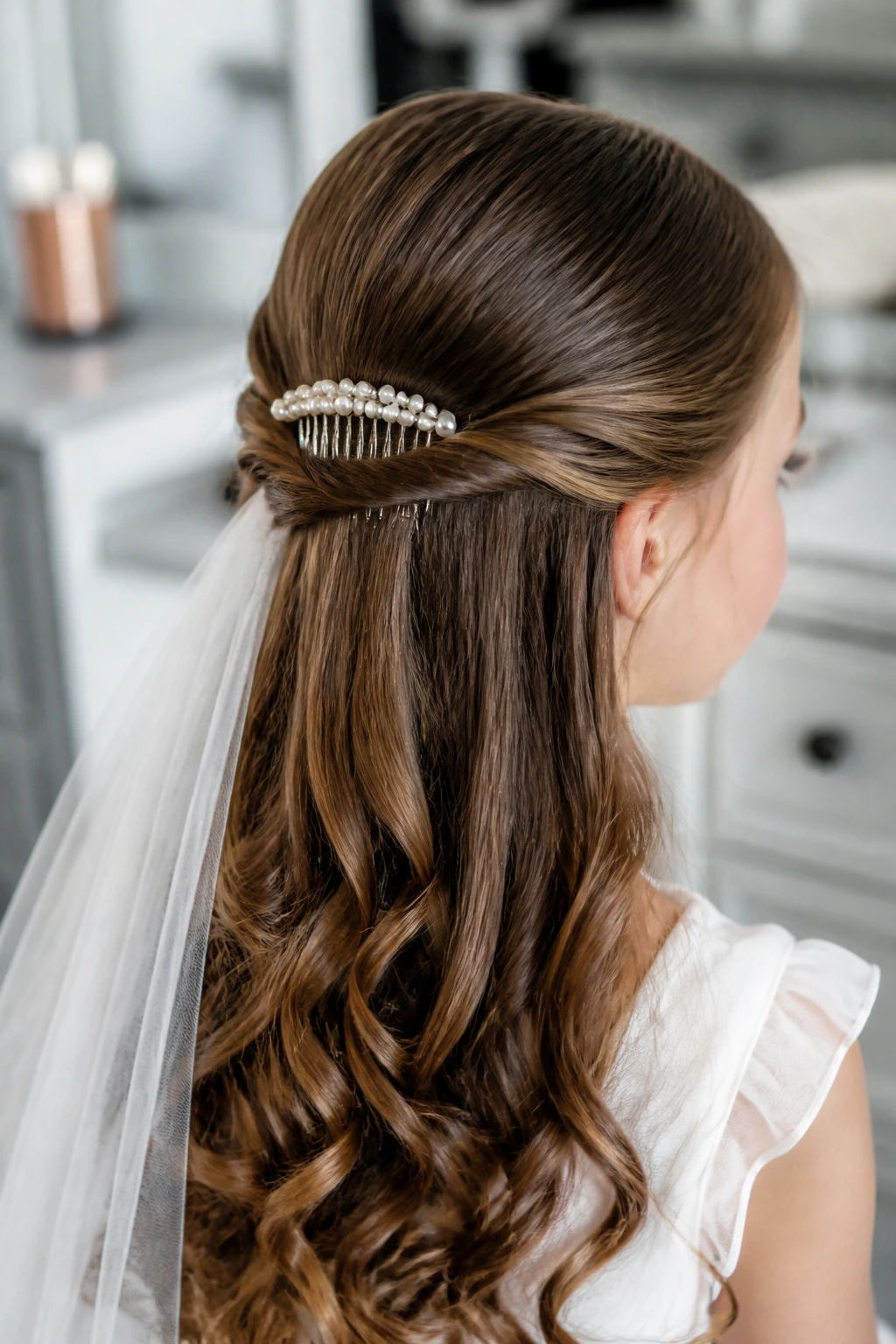 Close-up of a girl wearing a Pearl Comb Half-Up hairstyle secured by a small pearl comb.