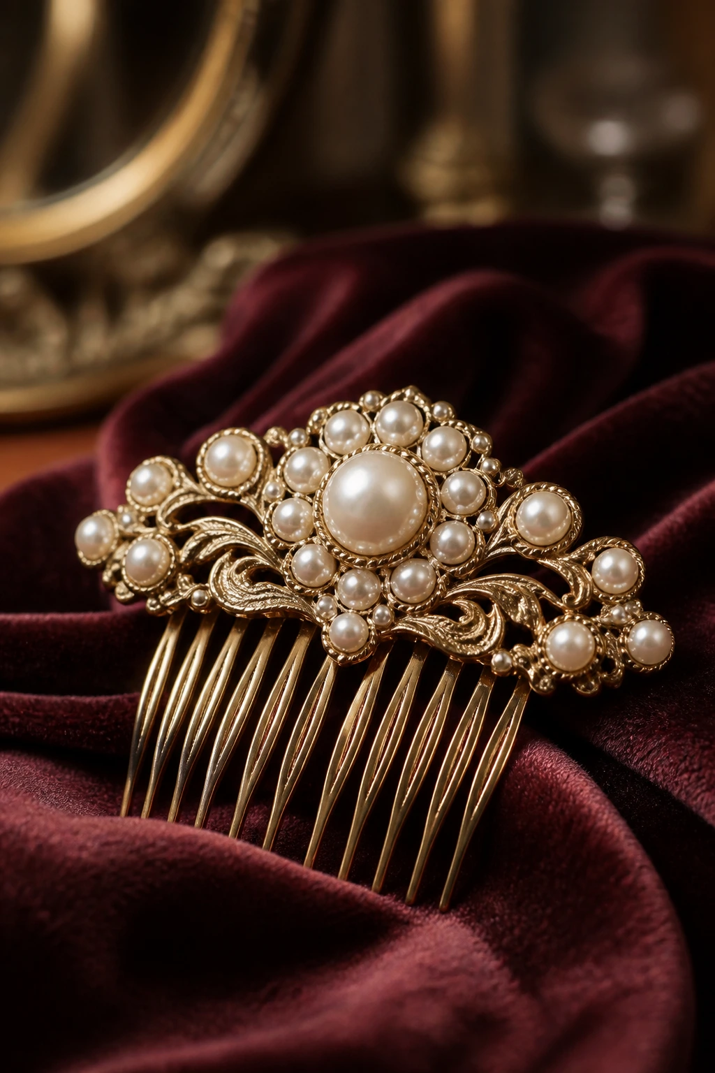 Pearl comb on velvet for vintage braid accessory