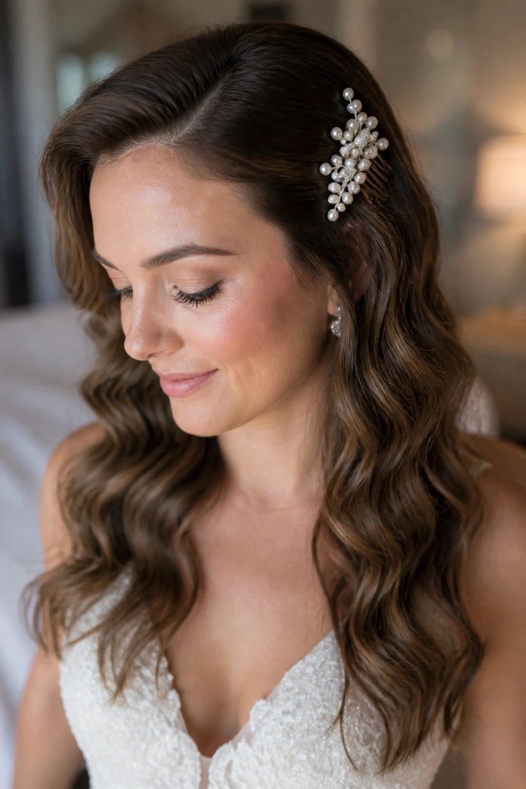 Bride with pearl comb accent in side-swept wave
