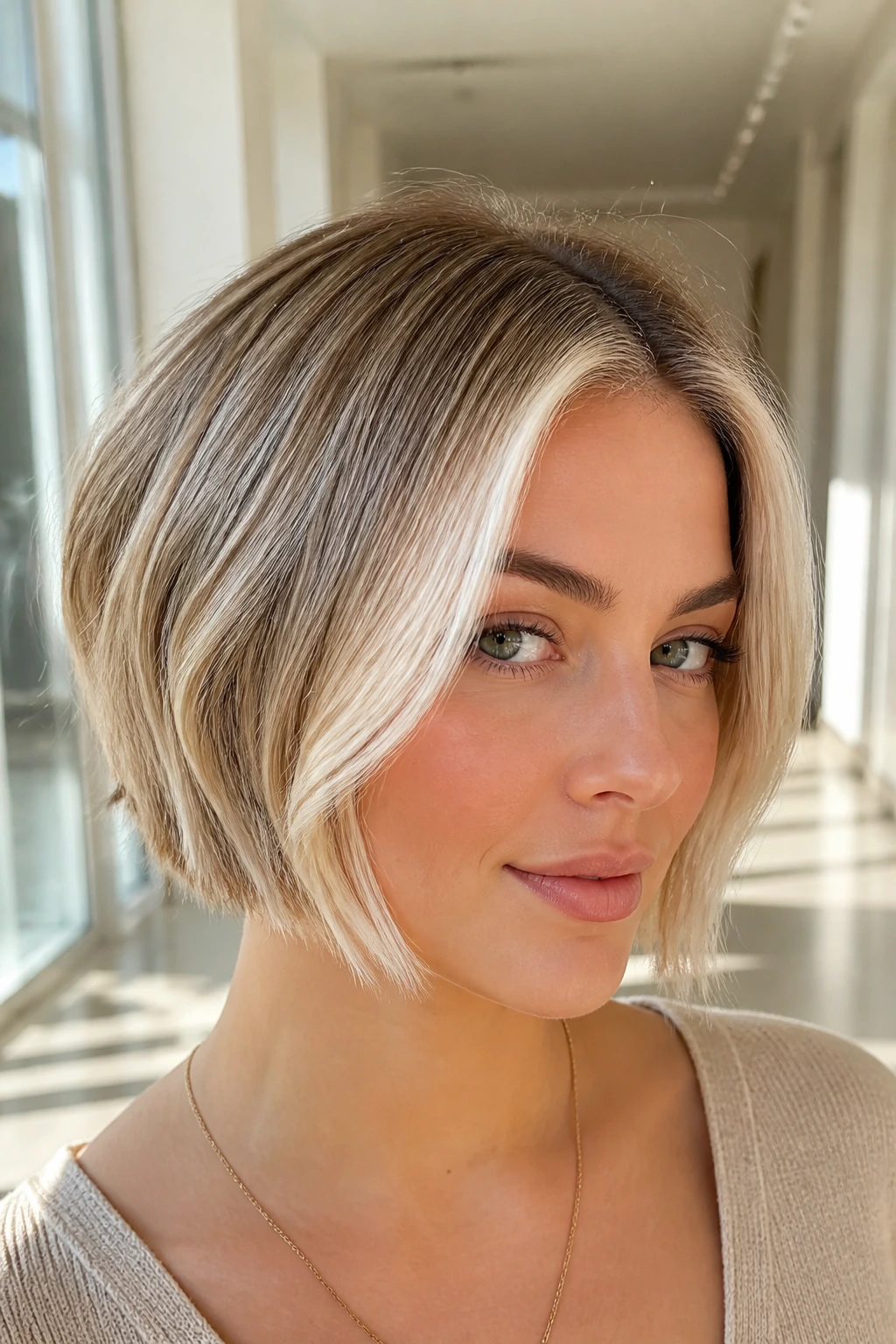 Close-up of a chin-length bob with pearl glaze face frame catching light