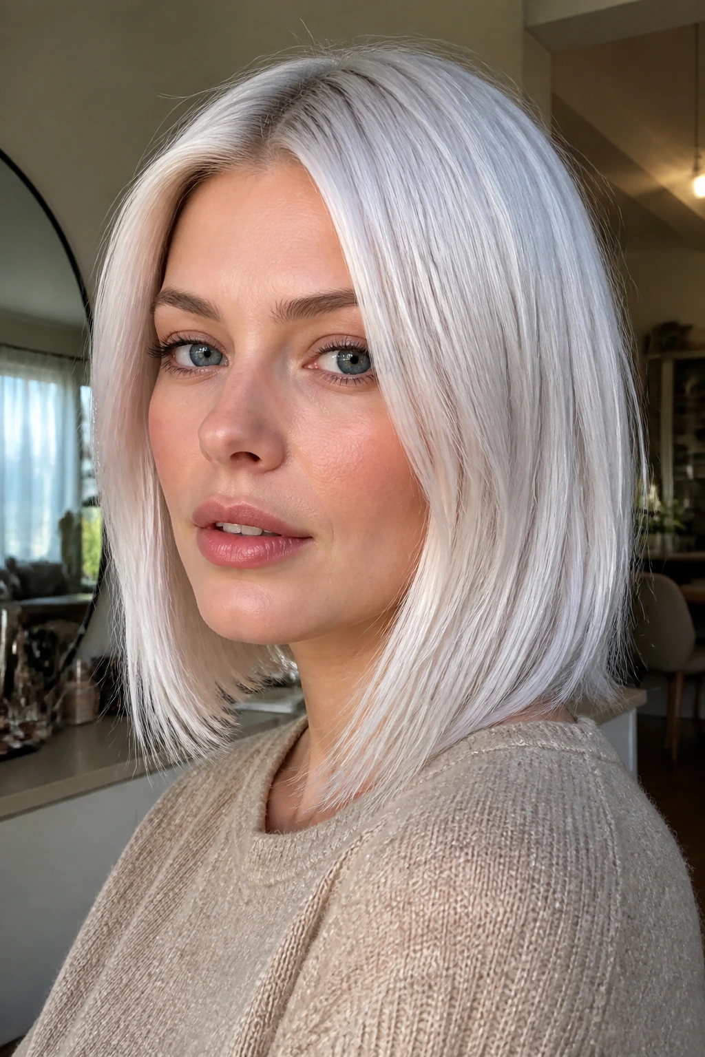 Real person with pearl-glazed platinum lob showing soft pearl finish.