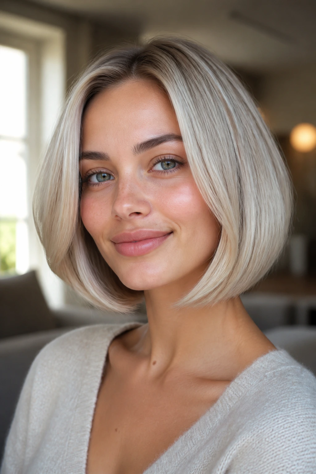 Real woman with pearl-toned curved bob highlighting ends that tuck inward.