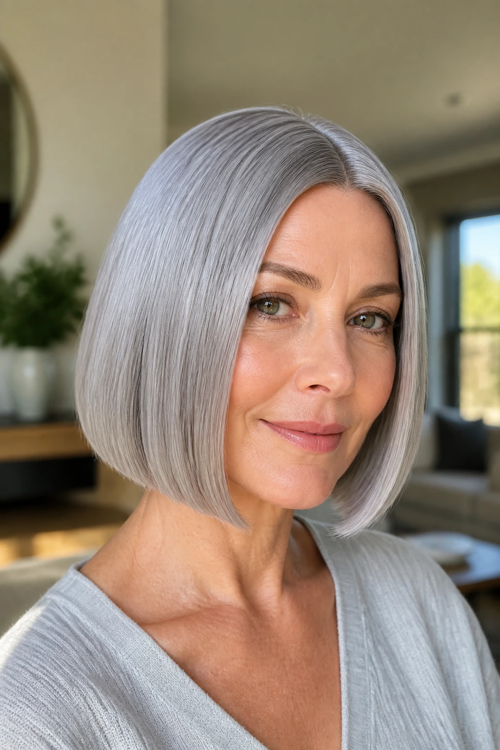Portrait of a person with a pearl gray bob and high-gloss finish