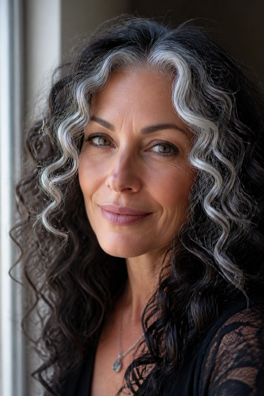 Close-up of a real person with pearl gray face frame curling around the face.