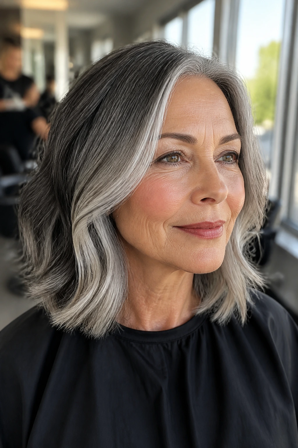 Close-up of a real woman with pearl gray face-framing pieces at shoulder length.