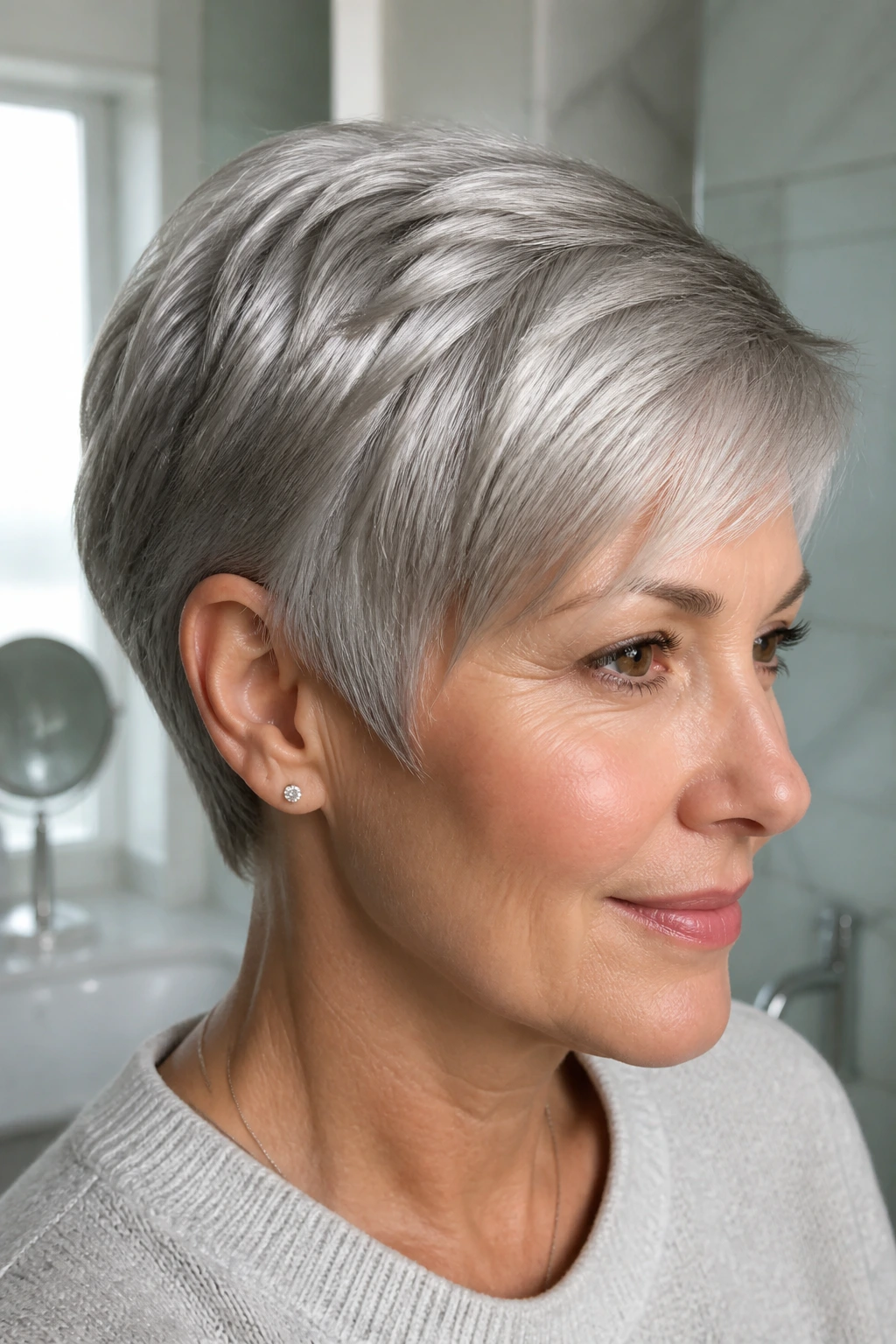 Close-up of a real person with pearl gray gloss on short hair