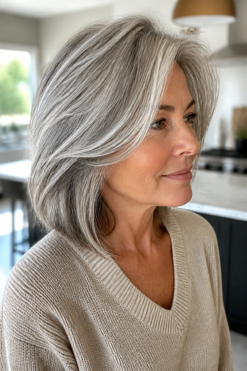 Silver hair with pearl-gray lowlights on a real person